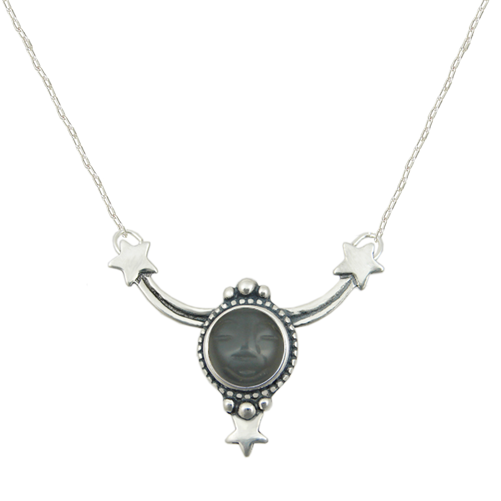 Sterling Silver Carved Grey Moonstone Moonface Accents this Necklace